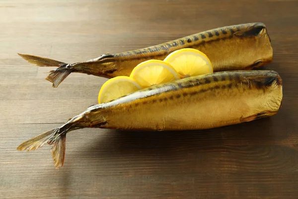 Concept Tasty Food Smoked Mackerel Wooden Background — Stock Photo, Image