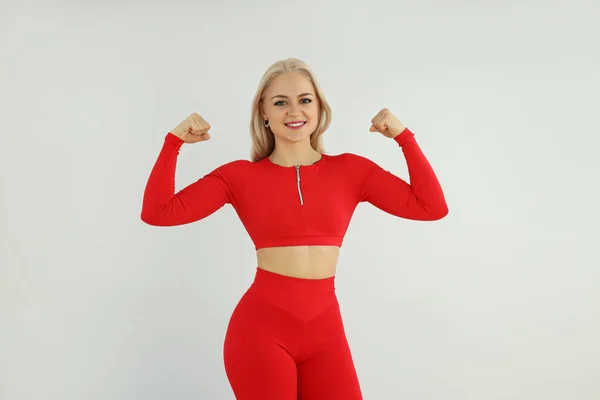 Konzept Eines Gesunden Lebensstils Mit Sportlicher Frau Roten Outfit — Stockfoto