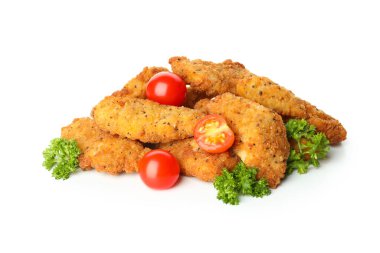 Beyaz arka planda izole edilmiş tavuk şeritli fast food kavramı