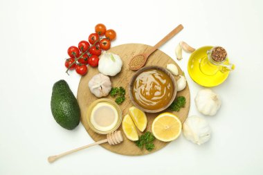 Soslu lezzetli yemek kavramı, üst manzara.