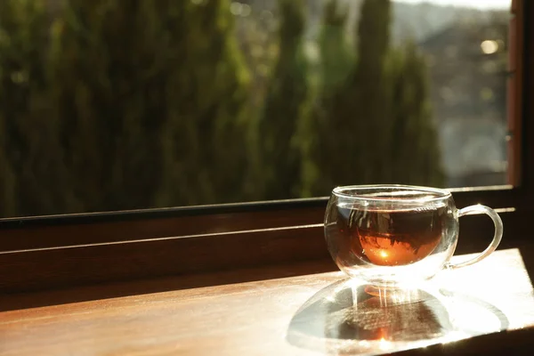 Cup Tea Stands Wooden Windowsill — Stock Photo, Image