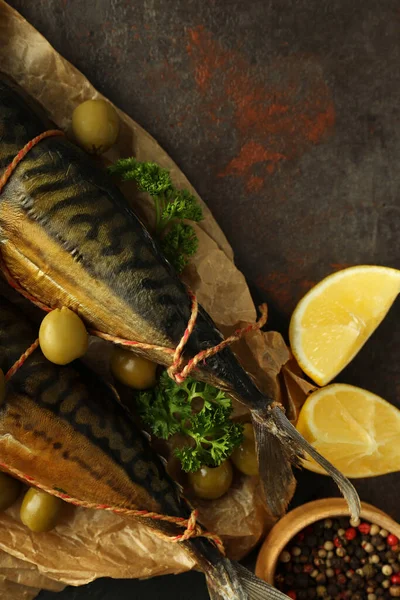Koncept Chutného Jídla Uzené Makrely Texturovaném Pozadí — Stock fotografie