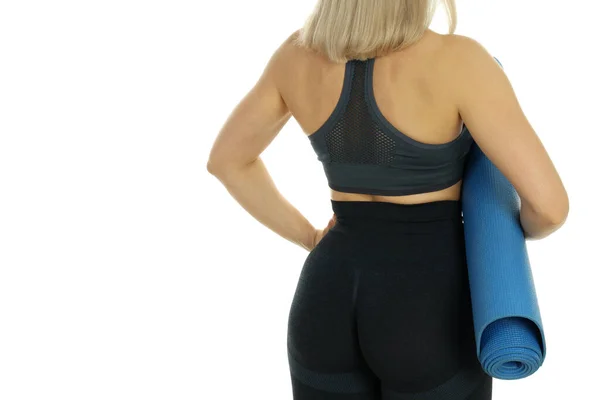 Femme Sportive Avec Tapis Fitness Isolé Sur Fond Blanc — Photo