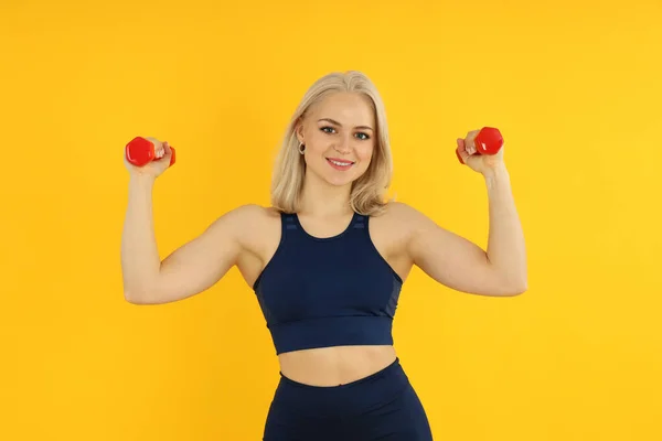 Concept Healthy Lifestyle Sporty Woman Yellow Background — Stock Photo, Image