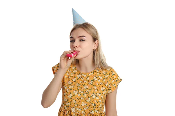 Concept Van Gelukkige Verjaardag Jonge Vrouw Geïsoleerd Witte Achtergrond — Stockfoto