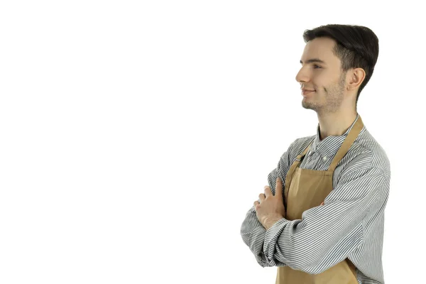 Conceito Cozinhar Com Jovem Atraente Homem Isolado Fundo Branco — Fotografia de Stock