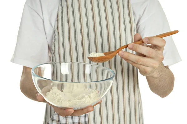 Junger Mann Hält Schüssel Und Löffel Mit Mehl Isoliert Auf — Stockfoto