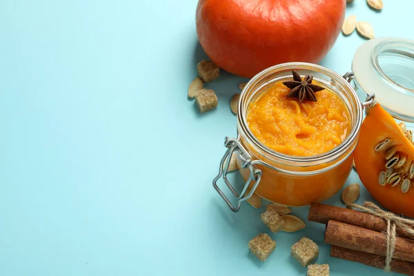 Concept Nourriture Savoureuse Confiture Citrouille Espace Pour Texte — Photo