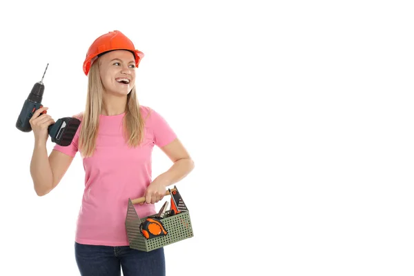 职业概念 年轻女建筑工人 因白人背景而被隔离 — 图库照片