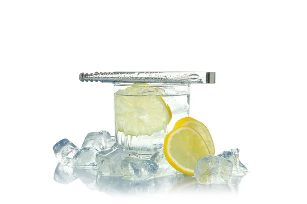 Glass Water Ice Lemon Tongs Isolated White Background — 스톡 사진