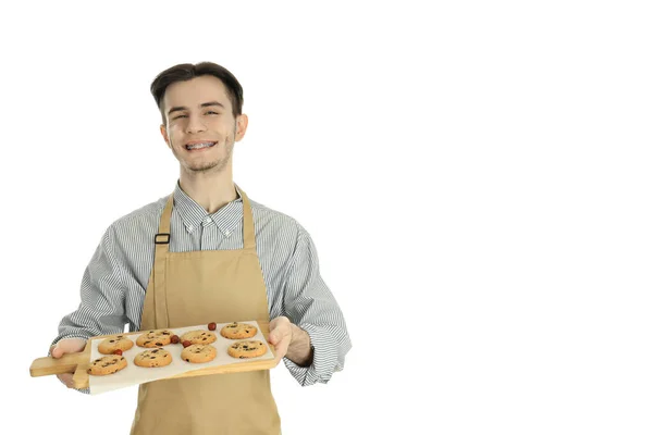 Concept Van Koken Met Jonge Aantrekkelijke Man Geïsoleerd Witte Achtergrond — Stockfoto