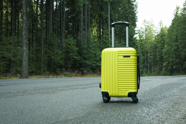 Adventure Tourism Concept Suitcase Standing Road Forest — Stockfoto