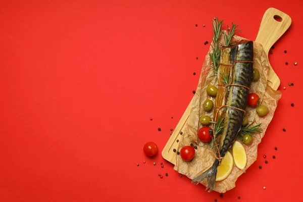 Concept Tasty Food Smoked Mackerel Space Text — Stock Photo, Image