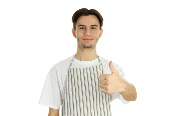 Concept Cooking Young Man Chef Isolated White Background — стоковое фото
