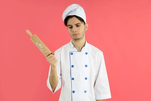 Concetto Cucina Giovane Chef Sfondo Rosa — Foto Stock