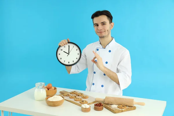 Concept Cooking Young Man Chef Blue Background — Fotografia de Stock