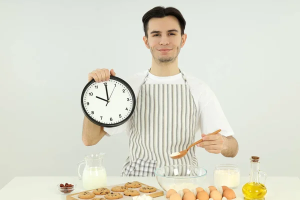 Concept Cooking Young Man Chef Light Background — Fotografia de Stock
