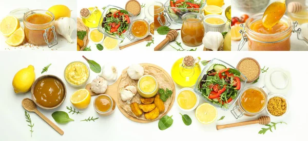 Collage of photos of food with honey mustard sauce