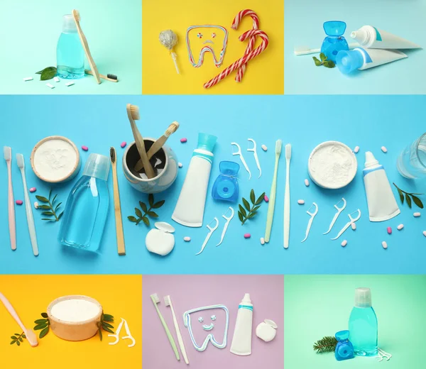 Diş bakımı aksesuarlarının fotoğraflarının kolajı