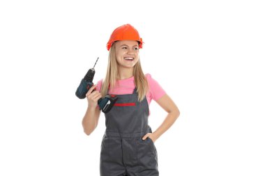 Meslek anlayışı, üniformalı genç bir kadın beyaz arka planda izole edilmiş.