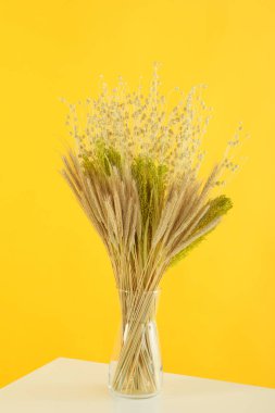 Hygge concept, dried flowers against yellow background