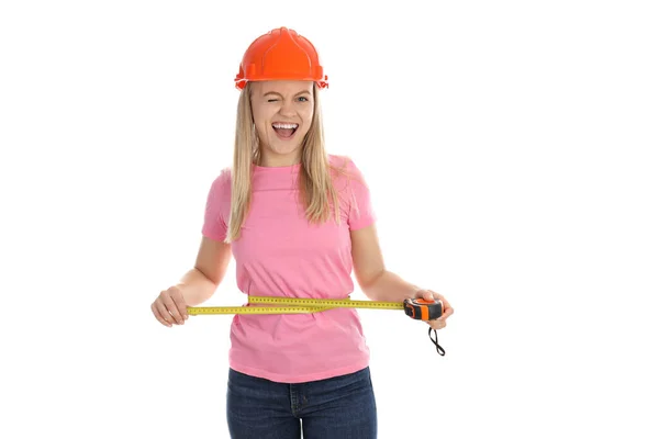 Concept Occupation Young Woman Builder Isolated White Background — ストック写真