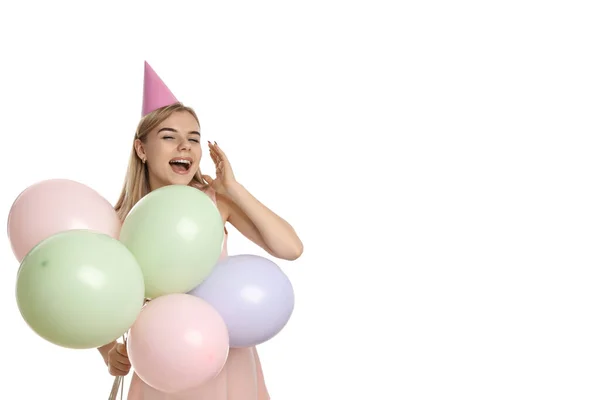Concept Van Gelukkige Verjaardag Jonge Vrouw Geïsoleerd Witte Achtergrond — Stockfoto