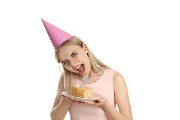 Konzept Von Happy Birthday Junge Frau Isoliert Auf Weißem Hintergrund — Stockfoto