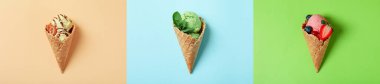 Collage of ice cream on different color backgrounds