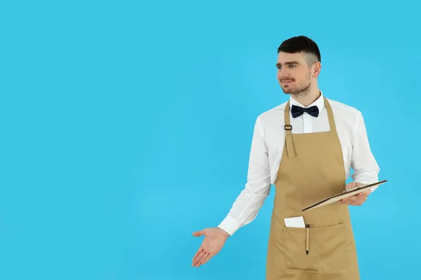 Concept Occupation Young Waiter Blue Background — Foto Stock