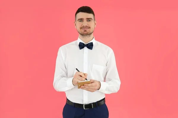 Concept Occupation Young Waiter Pink Background — Stock Photo, Image