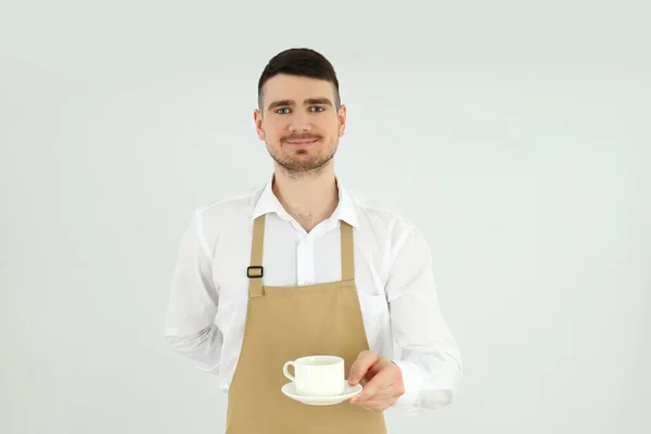 Concept Occupation Young Waiter Light Background — Stok fotoğraf