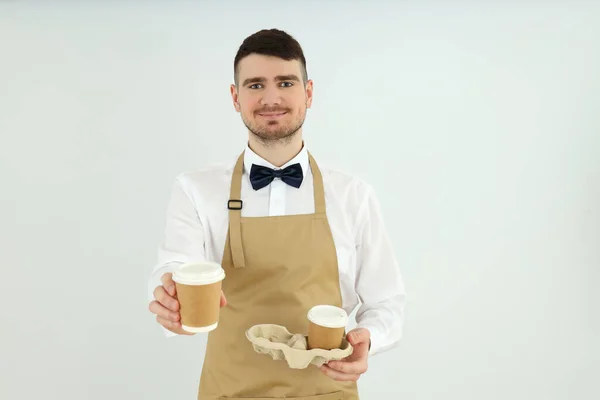 Concept Occupation Young Waiter Light Background — Foto Stock