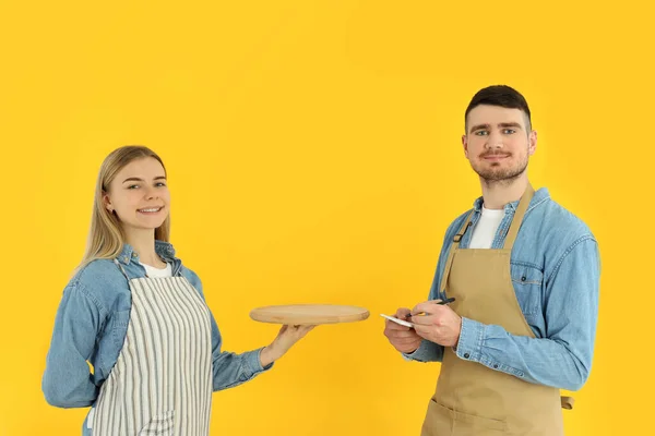 Concept Occupation Young Waiters Yellow Background — Fotografia de Stock