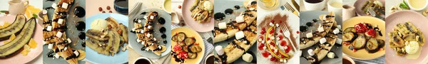 Collage Photos Banana Dessert Grilled Banana — Zdjęcie stockowe