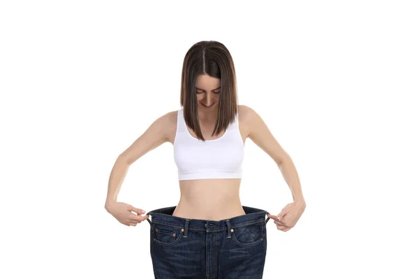 Concept Weight Loss Young Woman Isolated White Background — Stock Photo, Image