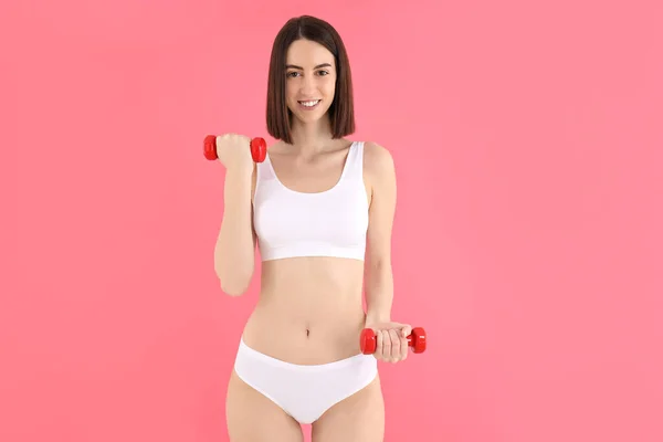 Concept Weight Loss Young Woman Pink Background — Fotografia de Stock