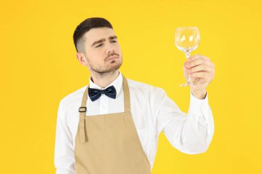 Meslek anlayışı, sarı arka plandaki genç garson.