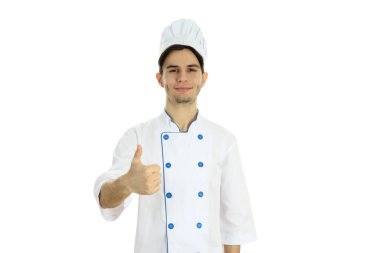 Yemek pişirme kavramı, genç aşçı beyaz arka planda izole edilmiş.