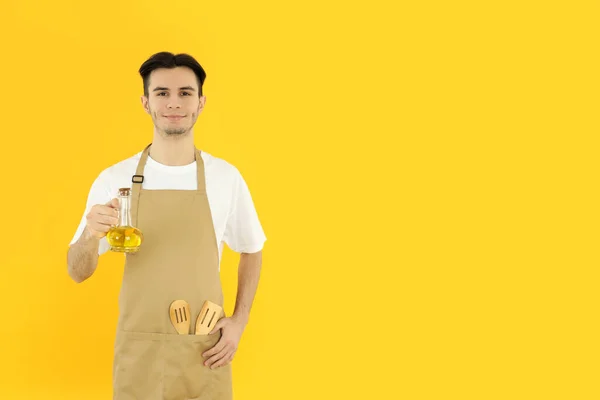 Concept Cooking Young Man Chef Yellow Background — 스톡 사진