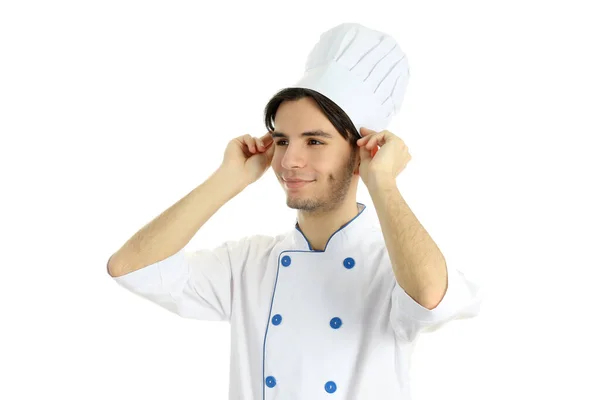 Έννοια Του Μαγειρέματος Νεαρός Σεφ Απομονώνονται Λευκό Φόντο — Φωτογραφία Αρχείου