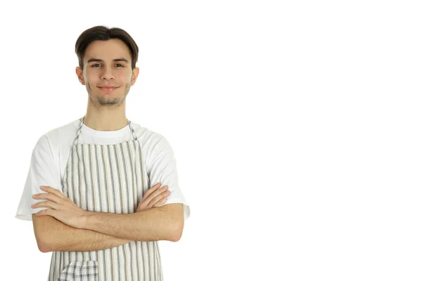 Concept Cooking Young Man Chef Isolated White Background — стоковое фото