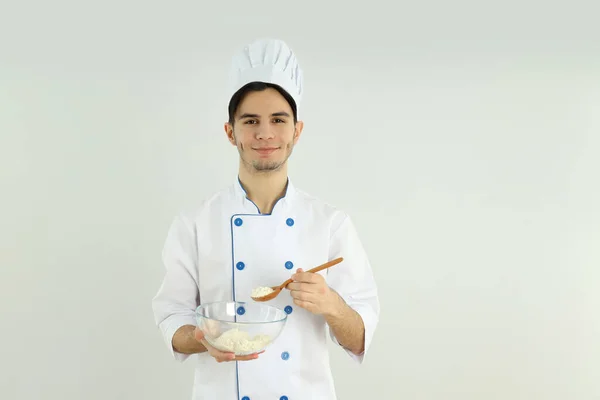 Concept Cooking Young Man Chef Light Background — Stok fotoğraf
