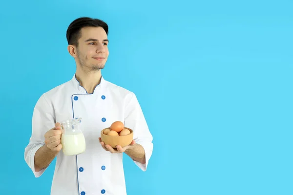 Concept Cooking Young Man Chef Blue Background — Stock Photo, Image