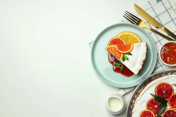 Concepto Postre Sabroso Con Tarta Merengue Con Cítricos Espacio Para — Foto de Stock