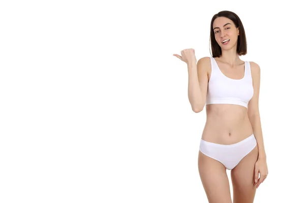Concept Van Gewichtsverlies Met Dun Meisje Geïsoleerd Witte Achtergrond — Stockfoto