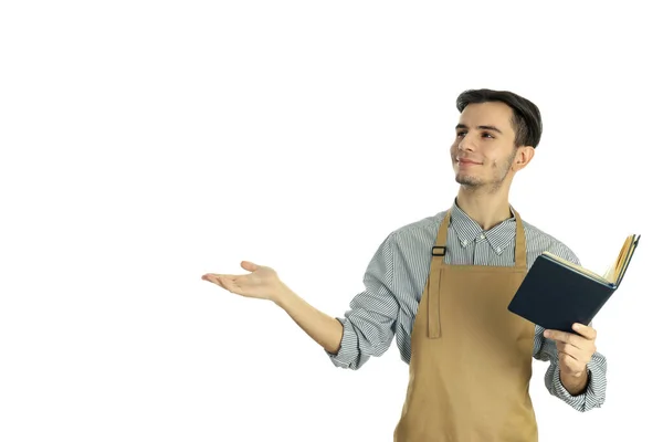 Concept Cooking Young Man Chef Isolated White Background — Stock Photo, Image