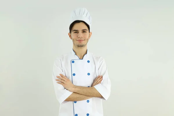 Concept Cooking Young Man Chef Light Background — Stockfoto