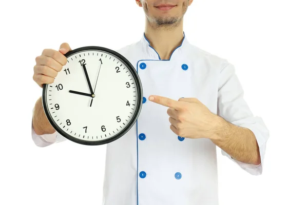 Conceito Cozinha Chef Com Relógio Isolado Sobre Fundo Branco — Fotografia de Stock