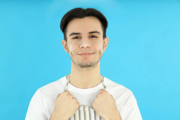 Concept Cooking Young Man Chef Blue Background — Stock fotografie